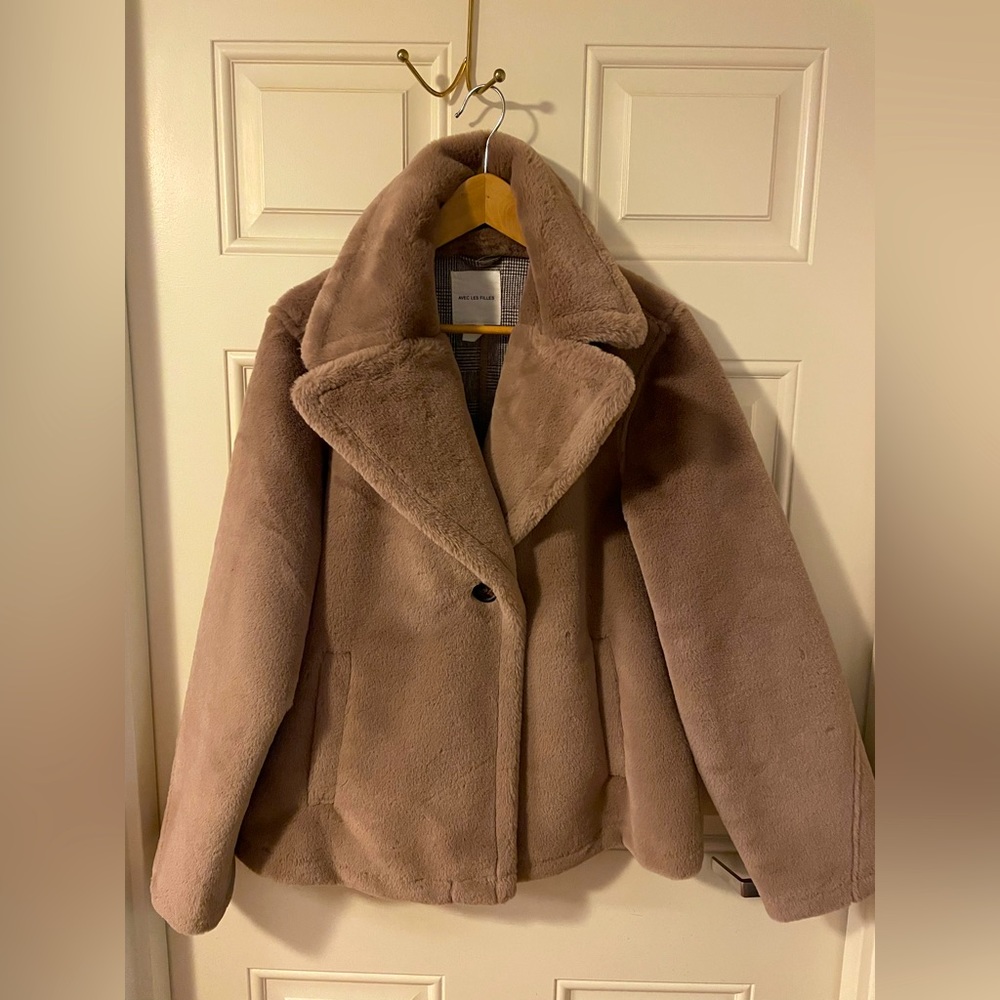 Avec Les Filles Dove Notched Collar Faux Fur Coat Size Large